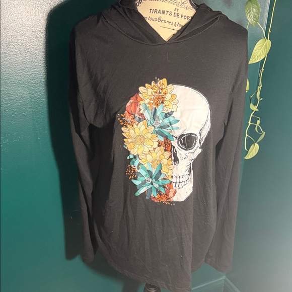 Tops - Black Hoodie with Skull and Floral Design